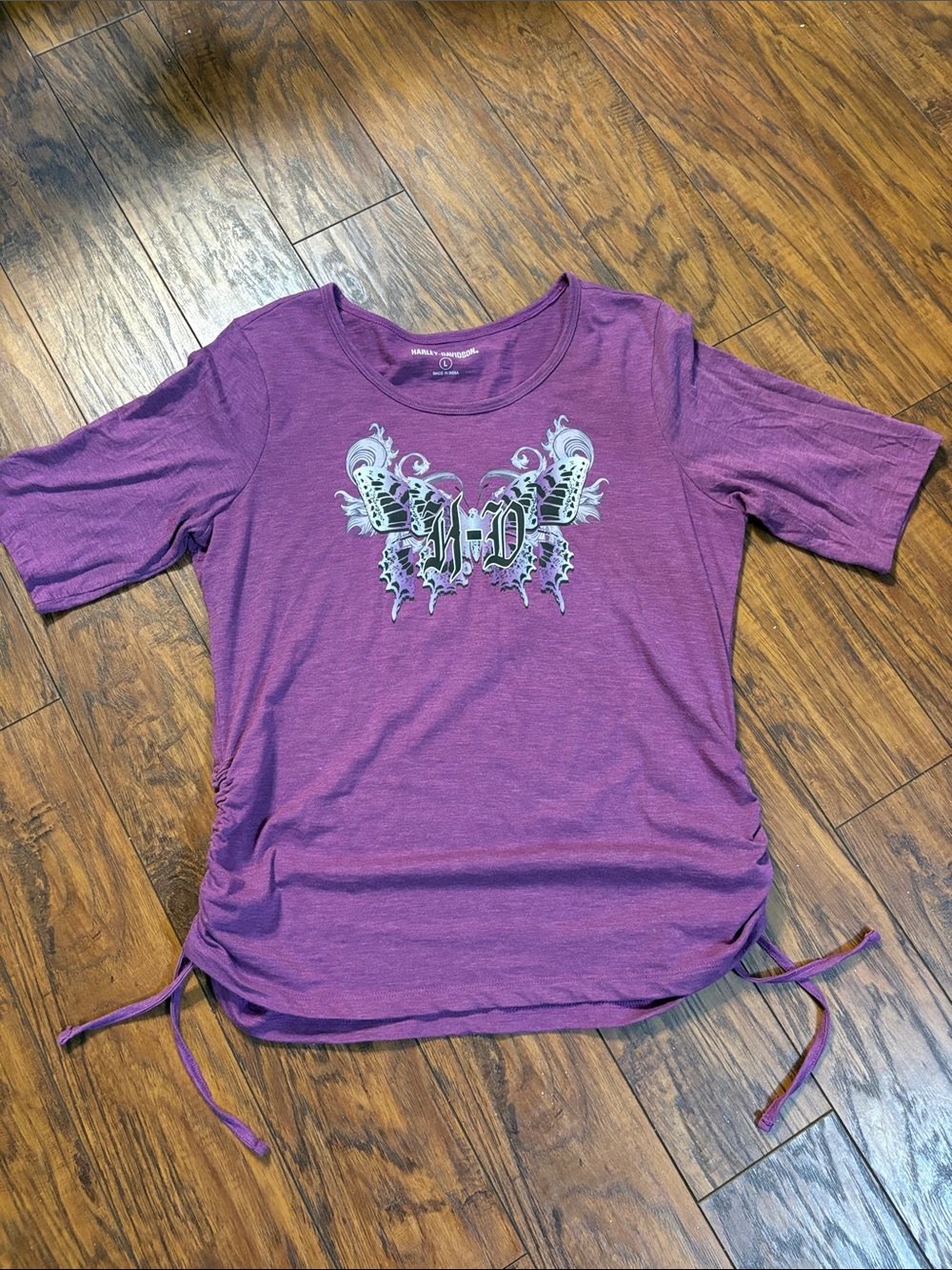 Harley-Davidson Purple Short-Sleeve Tee with Butterfly Emblem and Side Ties